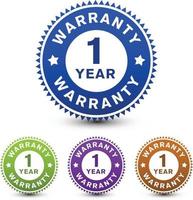 Four color 1 year warranty badge, sign, icon, symbol isolated on white background. vector design.