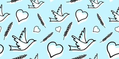 Seamless pattern with Dove, Heart and Wheat on blue background Vector illustration