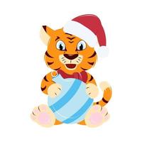 un cachorro de tigre en un sombrero de año nuevo de santa claus está sentado con una pelota de juguete de año nuevo, dibujo a mano vector