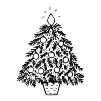 ilustración gráfica. árbol de navidad con juguetes, silueta, símbolo, líneas simples, negras sobre fondo blanco, aislado, boceto, garabato. vector