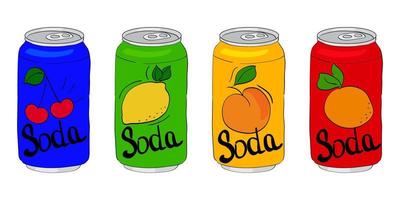 Cute Soda Cans Collection. Hand drawn adorable set of soft drinks in aluminum cans set. Modern colors soft drinks cans fancy illustrations. Trendy design of cans with lemon, cherry, peach and orange vector
