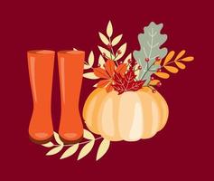 Illustration of pumpkins, boots and leaves in warm colours. Isolated objects on Burgundy background. Thanksgiving celebration, cards design, scrapbooking. vector