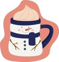 postal con bebida caliente de vacaciones de invierno. taza de muñeco de nieve. ilustración de la temporada de invierno. vector