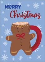 Postcard with winter holiday hot drink. Gingerbread man mug. Winter season illustration. vector