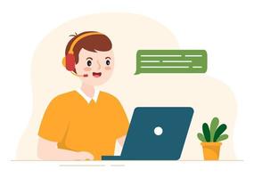 agente de centro de llamadas de servicio al cliente u operador de línea directa con auriculares y computadoras en dibujos animados planos dibujados a mano ilustración de plantillas vector