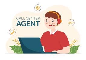 Call Center Agent of Customer Service or Hotline Operator with Headsets and Computers in Flat Cartoon Hand Drawn Templates Illustration vector