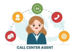 Call Center Agent of Customer Service or Hotline Operator with Headsets and Computers in Flat Cartoon Hand Drawn Templates Illustration vector