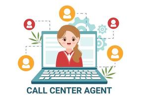 Call Center Agent of Customer Service or Hotline Operator with Headsets and Computers in Flat Cartoon Hand Drawn Templates Illustration vector