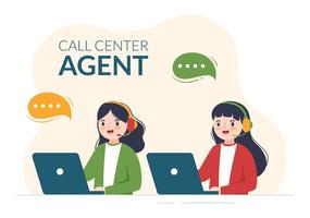 Call Center Agent of Customer Service or Hotline Operator with Headsets and Computers in Flat Cartoon Hand Drawn Templates Illustration vector