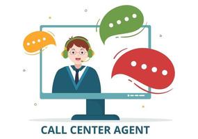 Call Center Agent of Customer Service or Hotline Operator with Headsets and Computers in Flat Cartoon Hand Drawn Templates Illustration vector