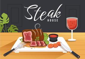 Steakhouse of Grilled Meat with Juicy Delicious Steak, Salad and Tomatoes for Barbecue in Flat Cartoon Hand Drawn Template Illustration vector