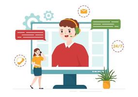 Call Center Agent of Customer Service or Hotline Operator with Headsets and Computers in Flat Cartoon Hand Drawn Templates Illustration vector