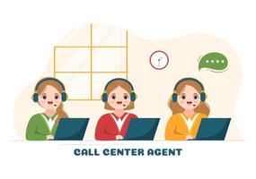 Call Center Agent of Customer Service or Hotline Operator with Headsets and Computers in Flat Cartoon Hand Drawn Templates Illustration vector