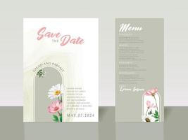 Elegant white and pink flowers wedding invitation card vector