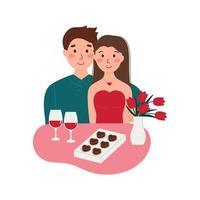 Happy romantic couple dinner date. Man and woman sitting at table, drink wine. Valentines Day, anniversary celebration. Vector illustration isolated on white background
