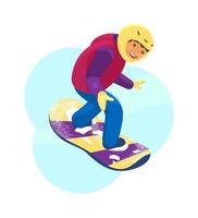 Vector cartoon illustration of kid in helmet snowboarding. Winter sport.