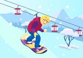 Vector illustration of mountain slope with a kid snowboarding. Cableway. Snowy mountains landscape.