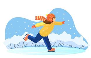 Vector illustration of a girl ice skating on ice rink. Winter background.