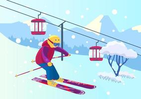 Vector illustration of mountain slope with a kid skiing. Cableway. Snowy mountains landscape.