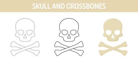 Skull And Crossbones tracing and coloring worksheet for kids vector