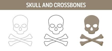 Skull And Crossbones tracing and coloring worksheet for kids vector