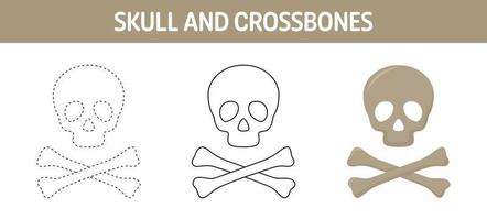 Skull And Crossbones tracing and coloring worksheet for kids vector