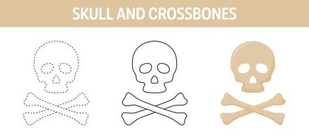 Skull And Crossbones tracing and coloring worksheet for kids vector