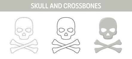 Skull And Crossbones tracing and coloring worksheet for kids vector