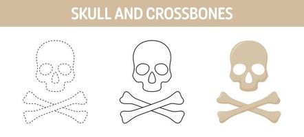 Skull And Crossbones tracing and coloring worksheet for kids vector