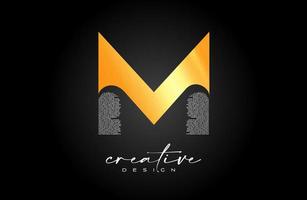 Golden M Letter Logo Design with Creative letter M made of Black text font Texture Vector