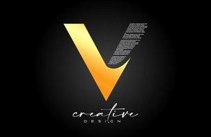 diseño de logotipo de letra v dorada con letra v creativa hecha de vector de textura de fuente de texto negro