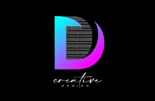 diseño de logotipo de letra d púrpura con letra d creativa hecha de vector de textura de fuente de texto negro