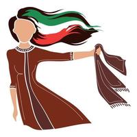 mujer activista con hiyab en la mano y cabello que fluye con la bandera de irán vector ilustración moderna aislada sobre fondo blanco. afiche contra el uso del hiyab. Protesta de mujeres en Irán.