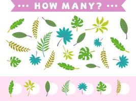 Counting children game of cartoon tropical leaves. vector