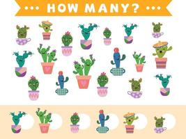 Counting children's play cartoon variety of cacti in flowerpots. vector