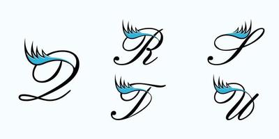 set of letter font logo design vector with eyelash beauty icon