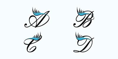 set of letter font logo design vector with eyelash beauty icon