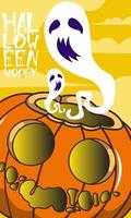 cartoon pumpkin fruit halloween character with ghost on his head vector