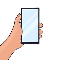 Hand holding smartphone, empty screen with shadow, mobile phone mockup, application on touch screen device. Person using mobile phone vector
