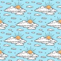 linda nube y sol de patrones sin fisuras vector de fondo. sonriente sol niños ilustración aislada en el cielo azul. fondo de verano. diseño divertido para niños y bebés