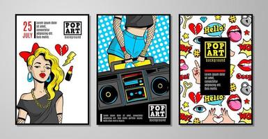 Vector cards and banners in 80s-90s pop-art comic style.