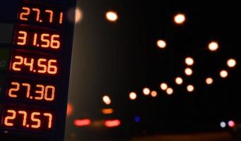 Digital numbers, oil prices on board with blurred street bokeh light background, soft and selective focus. photo