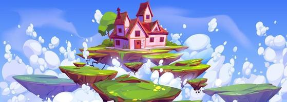 casa mágica rosa en una isla flotante en el cielo azul vector