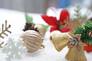 Christmas decoration. Christmas spruce with ball and blurred shiny lights. Christmas composition is with colorful balls on snow. Christmas decoration on snow with blur abstract background photo