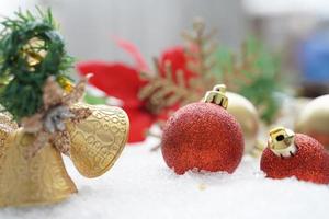 Christmas decoration. Christmas spruce with ball and blurred shiny lights. Christmas composition is with colorful balls on snow. Christmas decoration on snow with blur abstract background photo