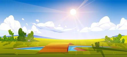 Summer landscape with lawn and bridge over pond vector
