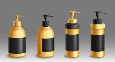 Cosmetic bottles mockup, black and gold tubes set vector