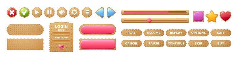 Cookie game buttons, cracker menu interface design vector