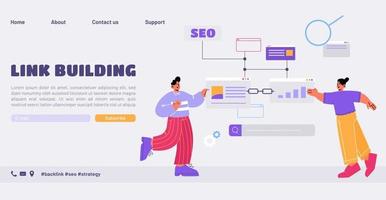 Link building landing page. Characters use SEO
