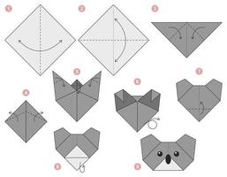 Koala origami scheme tutorial moving model. Origami for kids. Step by step how to make a cute origami Koala. Vector illustration.